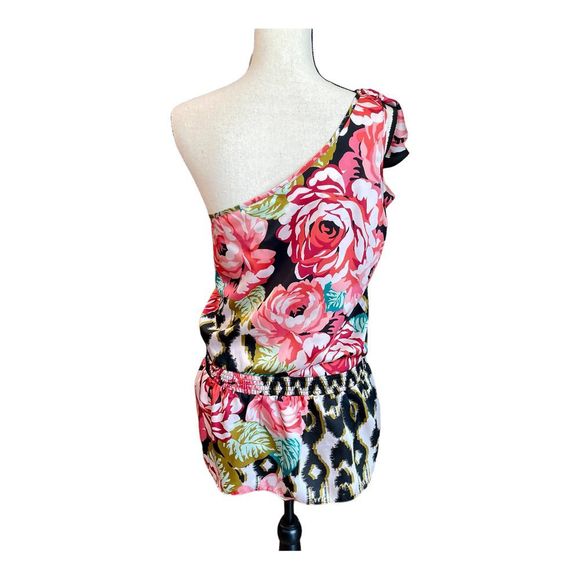 Arden B Womens Pink Black Floral Print One Shoulder Drop Waist Top Sz L NWT - Picture 5 of 8